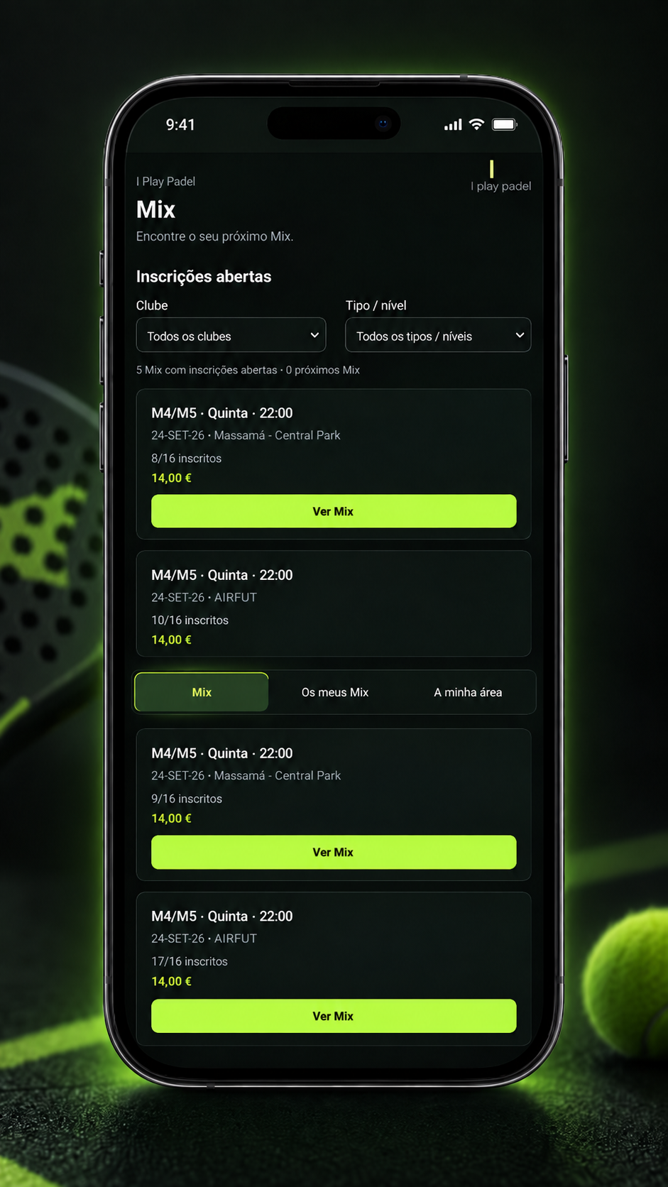 Ecrã Mix da webapp I Play Padel com inscrições abertas para próximos eventos.