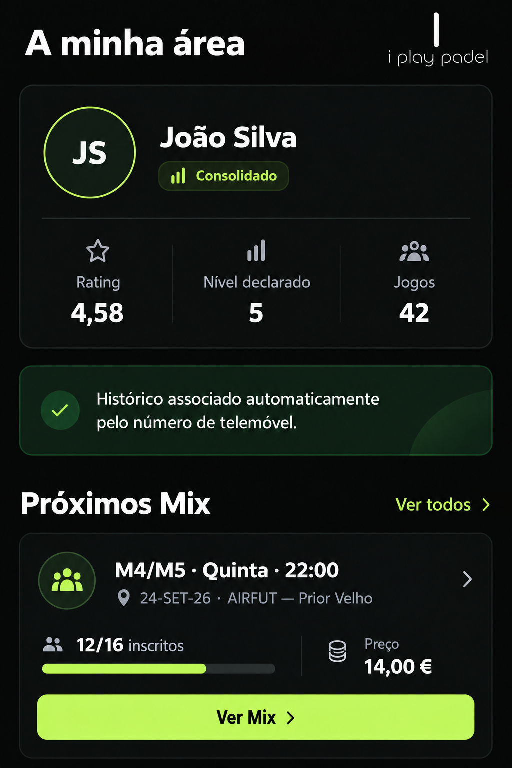 Área pessoal da webapp I Play Padel com rating, nível, jogos e próximo Mix.