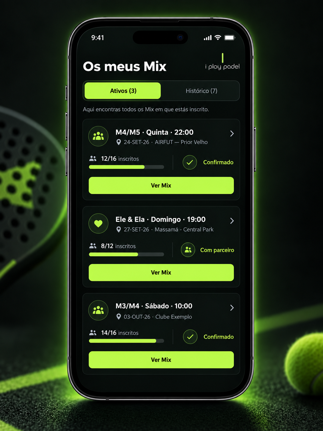 Ecrã Os meus Mix da webapp I Play Padel com inscrições e eventos ativos.