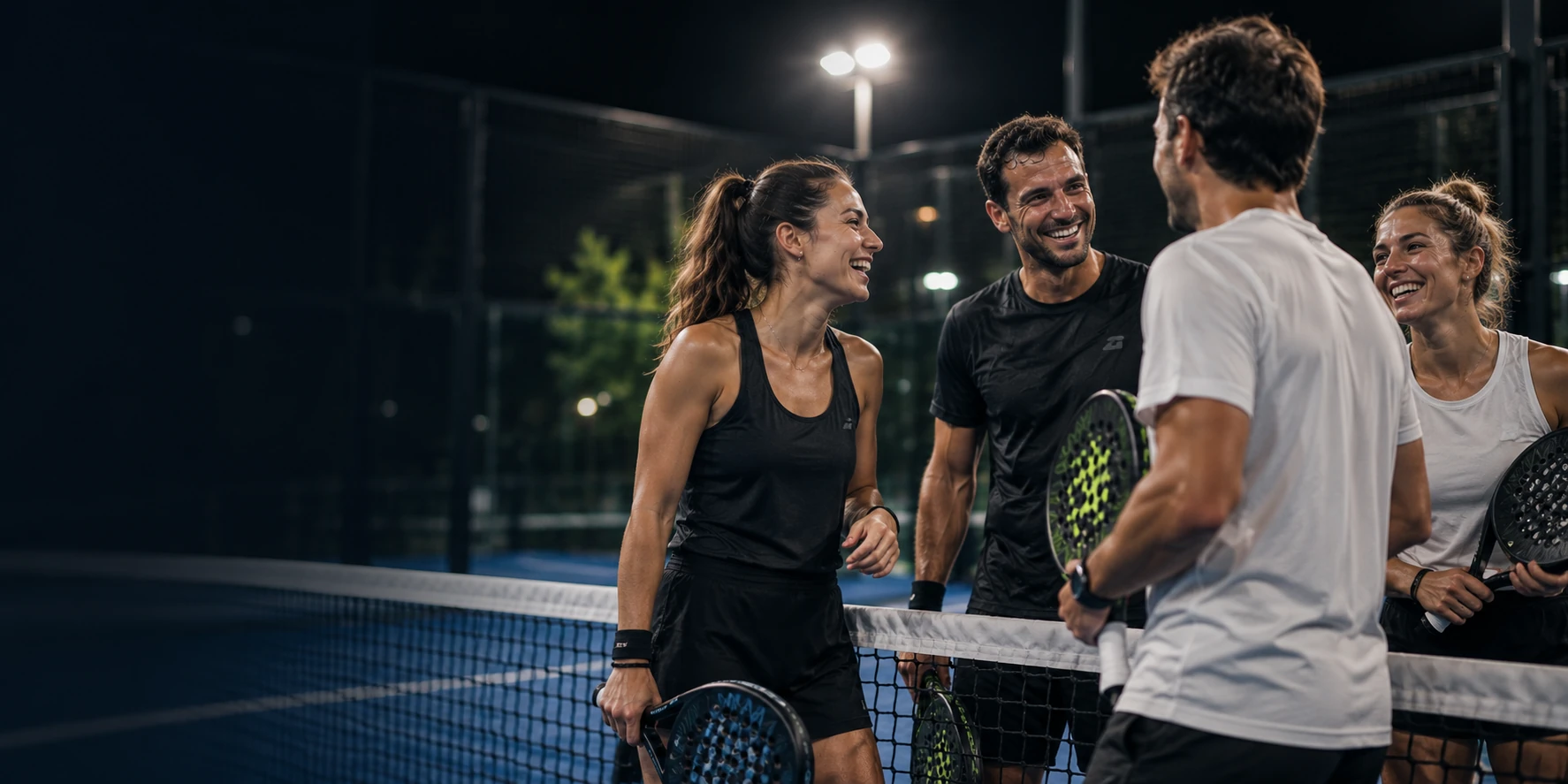 Jogadores conversam junto à rede depois de um jogo de Padel.