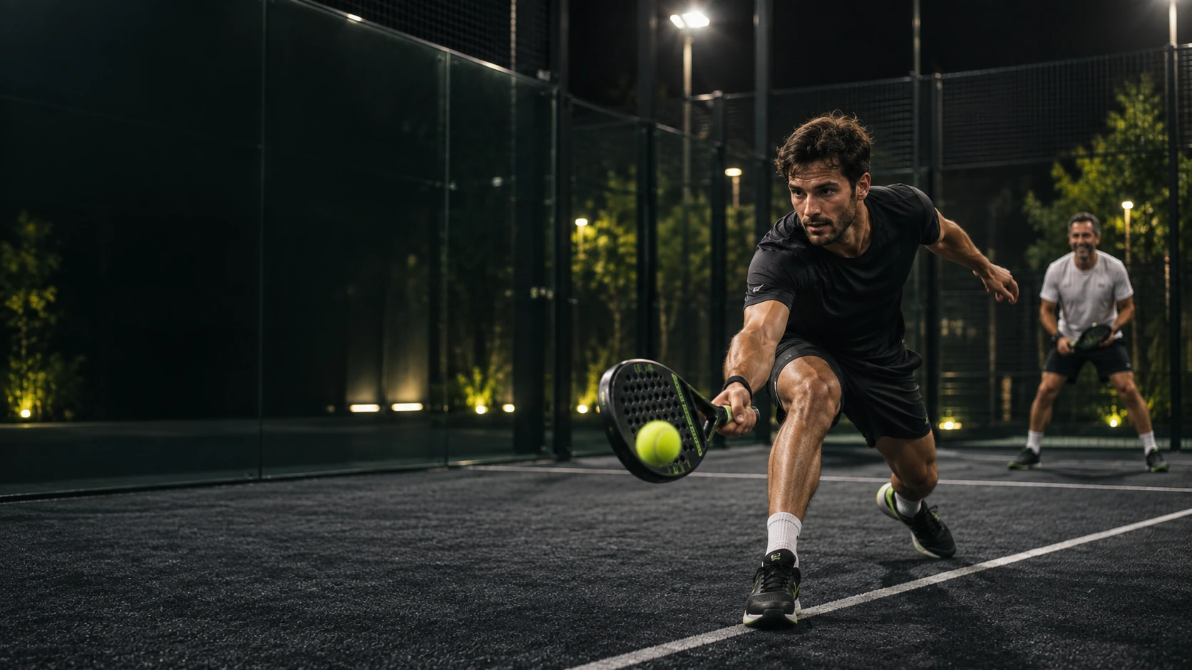 Jogadores de Padel em jogo num campo iluminado à noite.