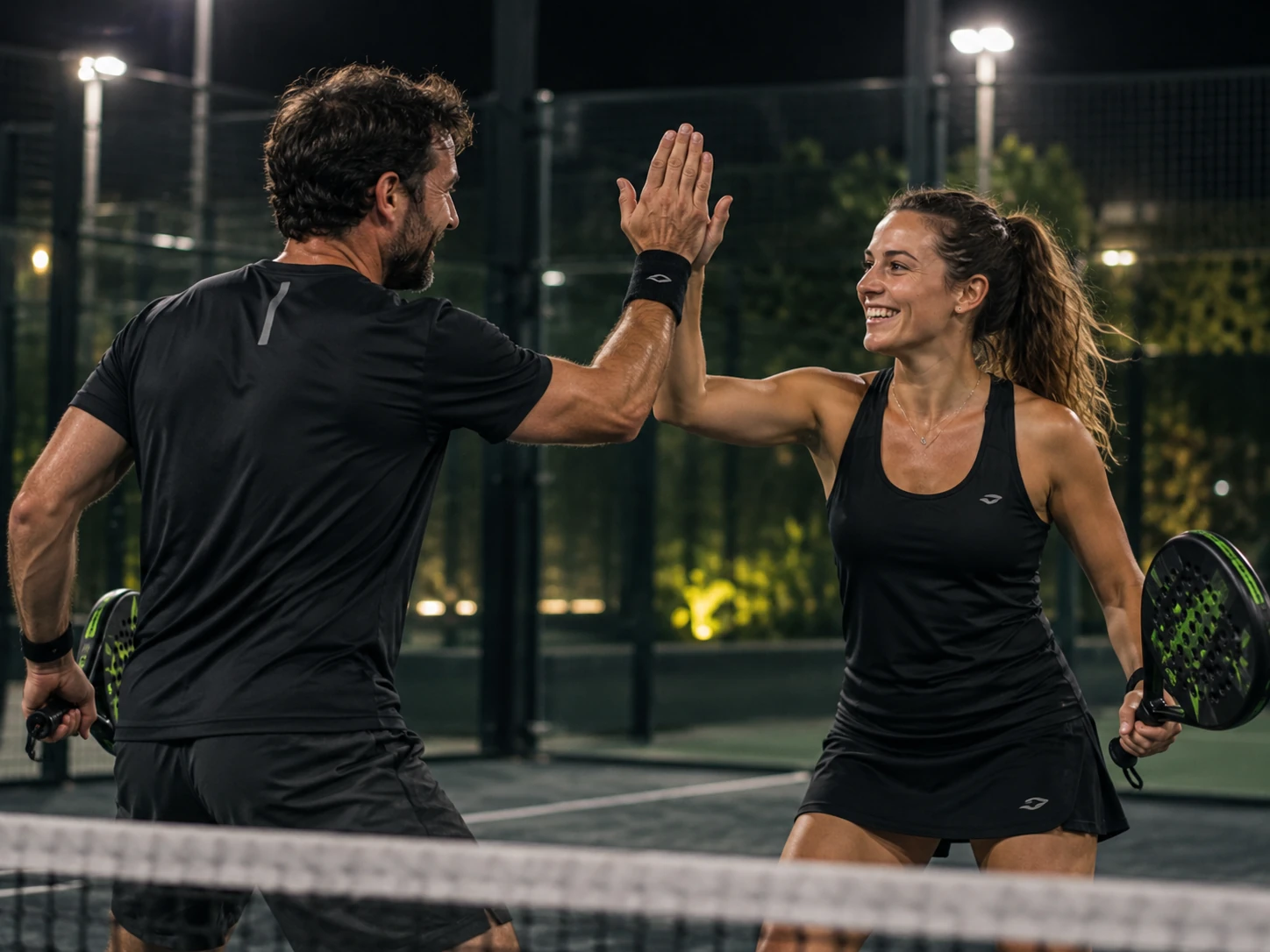 Jogador e jogadora de Padel celebram com um high-five.