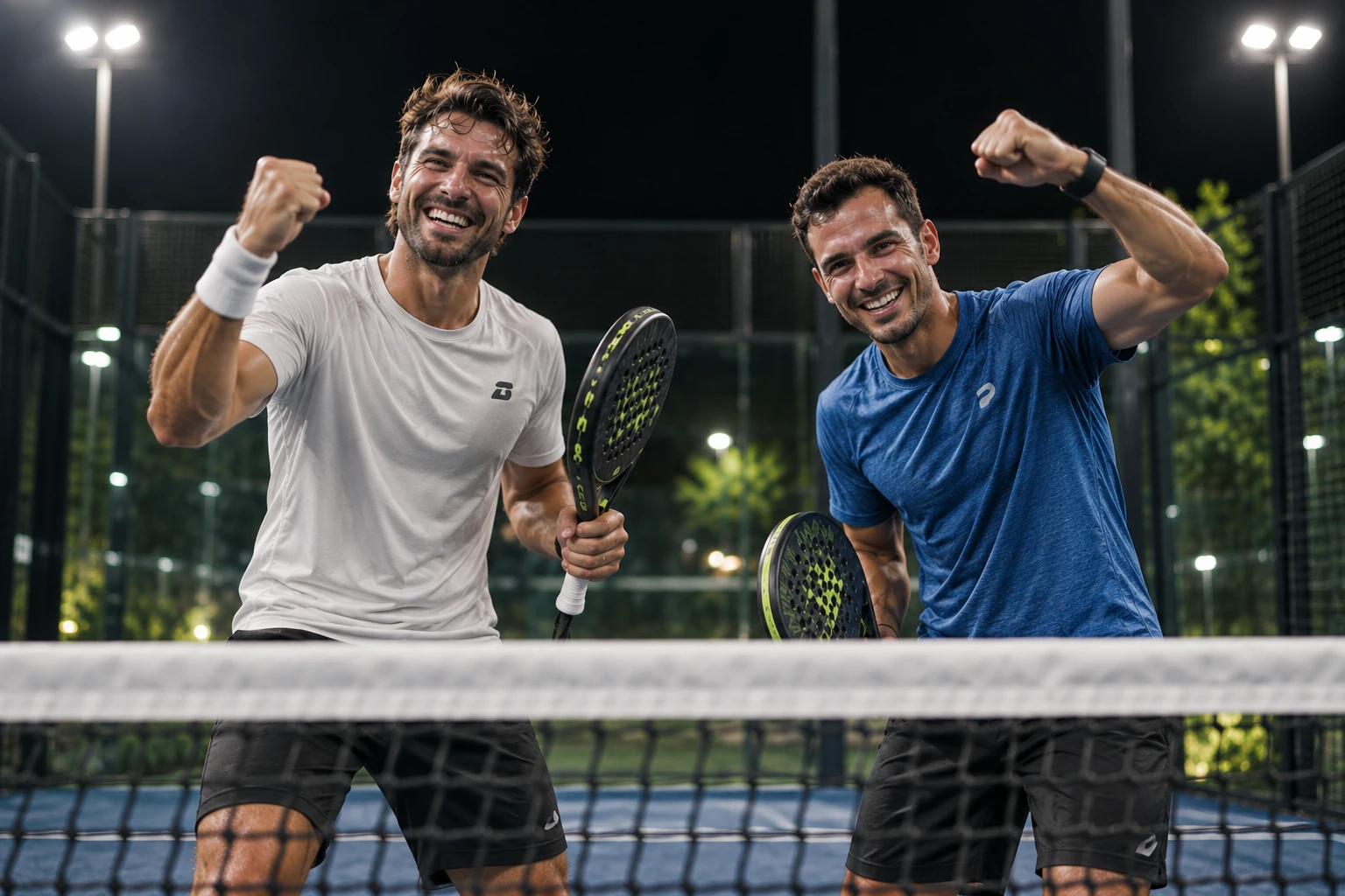 Dois jogadores de Padel celebram o final de um jogo junto à rede.